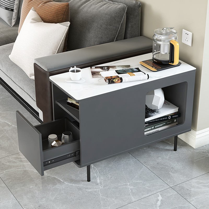 轻奢沙发边几柜客厅岩板侧边柜灰色夹缝柜茶几角几带灯充电免安装