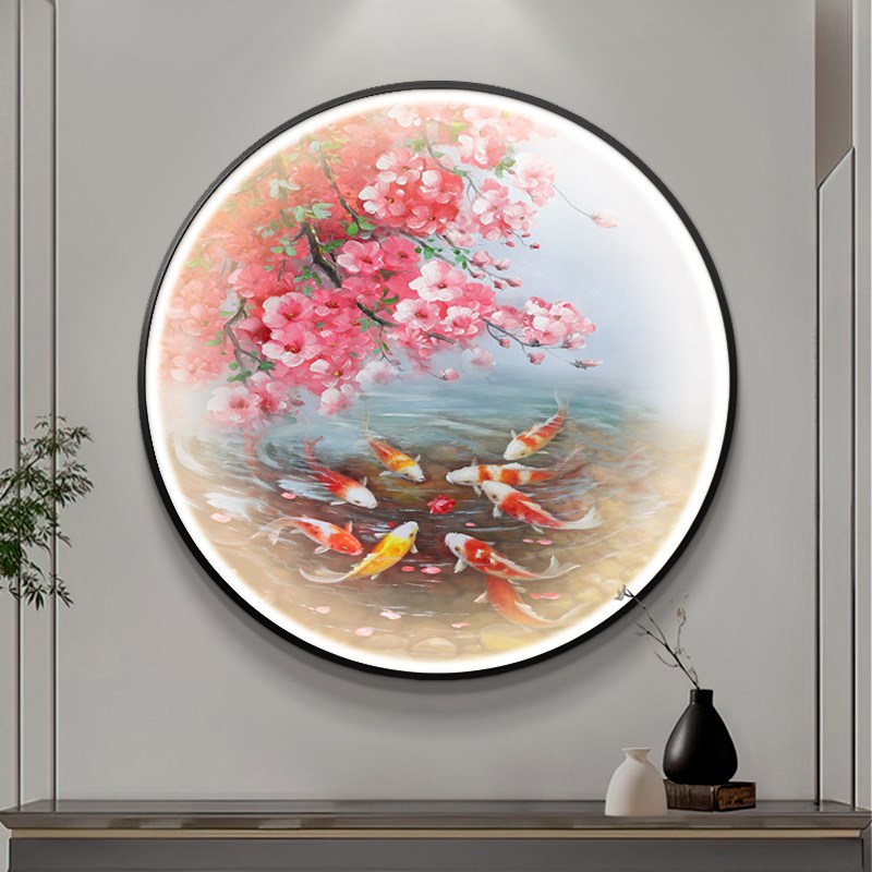新中式圆形玄关装饰画九鱼图手绘油画美式过道走廊餐厅挂画灯画图片
