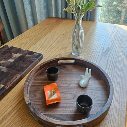 北美黑胡桃实木双耳圆形方形托盘茶盘水果盘客厅茶几茶点水果托盘