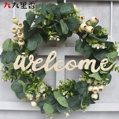 跨境美式welcome桉树叶花环藤环尤加利油子果门环仿真花环门饰