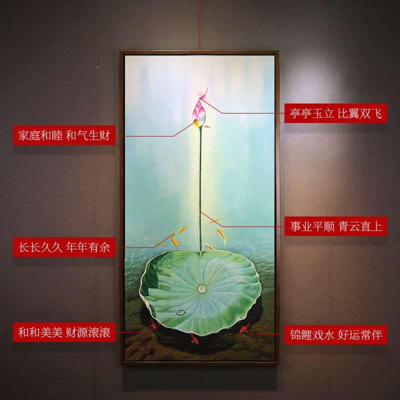 顺新中式手绘油画玄YYB关装饰画走廊道竖版壁画过荷花鱼丰图挂画图片