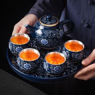 茶具家用功夫茶具办公室会客一壶四杯鎏银茶具小套 景德镇泡茶套装