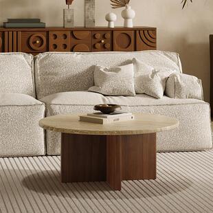 侘寂风洞石茶几大小圆形组合客厅沙发实木边几角几中古家用小户型