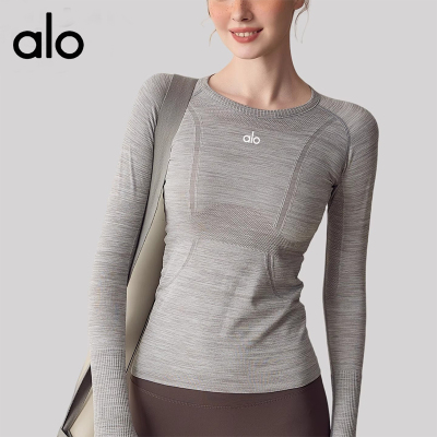 AIo秋季健身运动修身长袖T恤透气速干衣登山跑步瑜伽服灰色上衣女