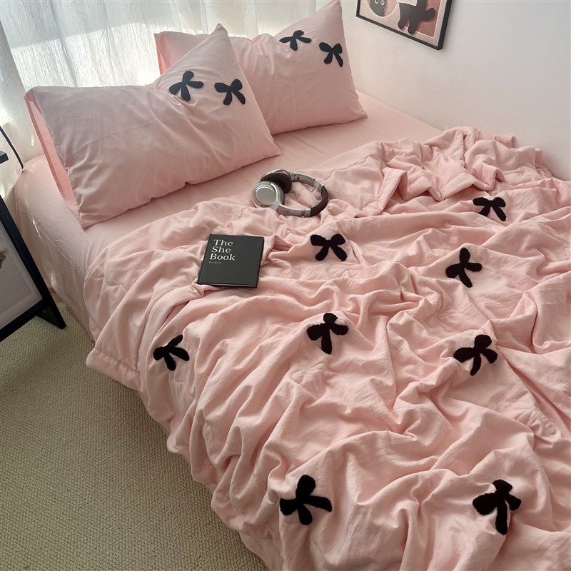 ins少女心粉j色蝴蝶结毛巾绣夏凉被可机洗空调被学生夏被四件套