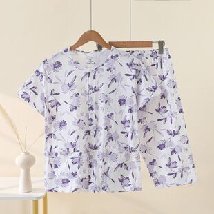 短袖 家居服套装 中老年夏季 短裤 休闲风圆领老人 全棉碎花短袖 七分裤