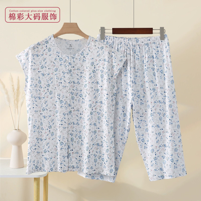 妈妈装睡衣家居服春夏女士纯棉坎肩开衫奶奶大码宽松背心上衣短裤