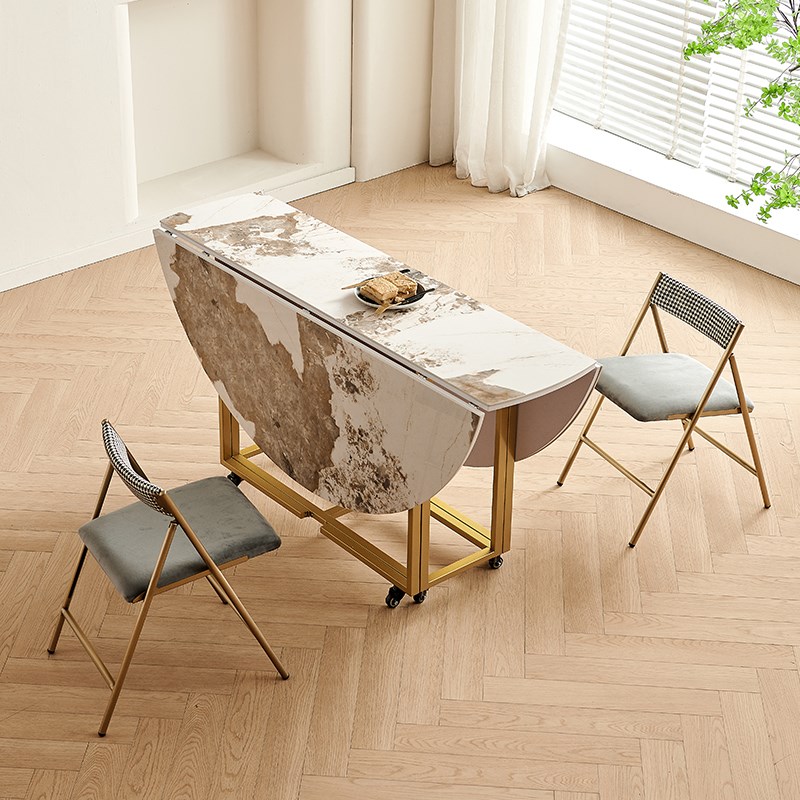 小户型家用折叠餐桌圆形吃饭桌简约可收纳餐桌椅组合轻奢岩板圆桌