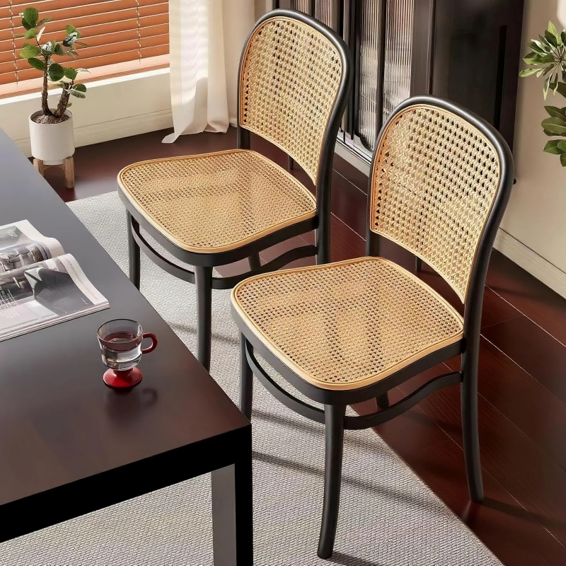 餐椅家用塑料椅子中古风加厚藤编靠背椅户外休闲 可叠放凳子会客