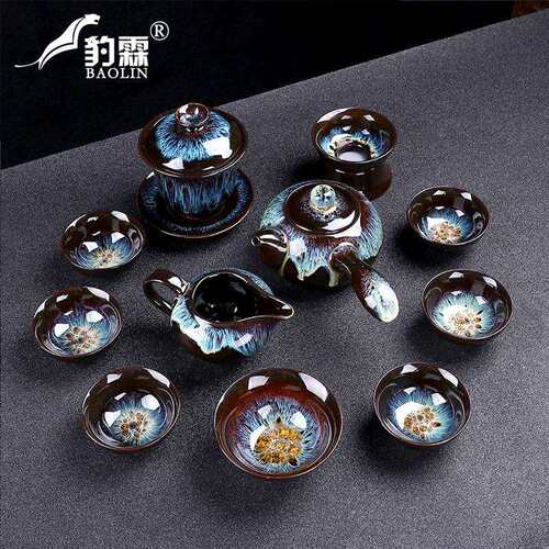 流金沙茶具套装家用钧窑陶瓷天目釉窑变自动石磨茶壶功夫建盏茶杯