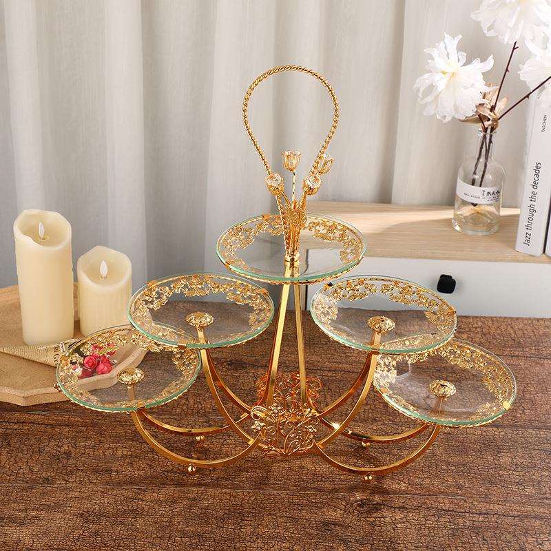 欧式轻奢高档三层五盘水果篮花纹装饰手提玻璃果盘果盘工艺品