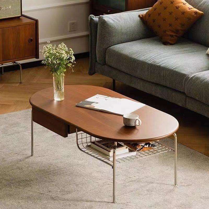 实木茶几小户型客厅椭圆形茶桌不锈钢设计带抽屉多功能复古小桌子
