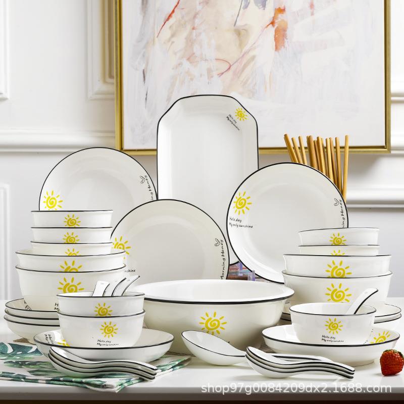 10人组合套装碗碟泡面碗汤碗勺盘北欧简约吃饭陶瓷餐具碗筷盘子