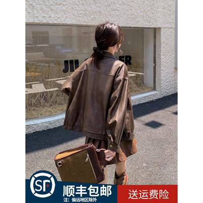 美式复古炸街棕色pu皮衣外套女春秋2025新款小个子气质机车服上衣