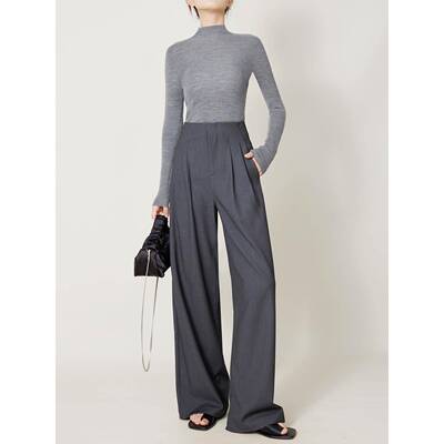 庄周2025春夏天丝羊毛高腰直筒阔腿裤拖地松弛感灰色西装裤女