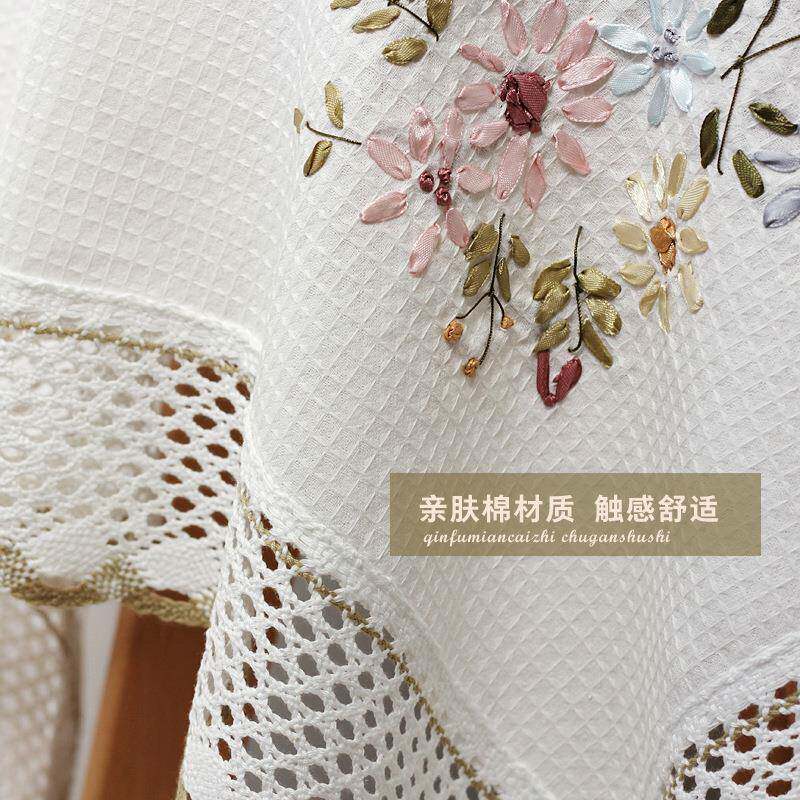P66D田园绣花白色茶几桌布现代布简约长桌棉麻布CAK艺餐桌布方正