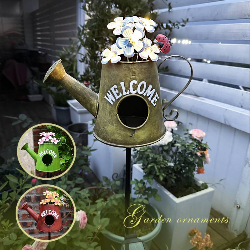 欧式水壶鸟窝花插植物爬藤支架太阳能灯铁艺庭院阳台网红摆件装饰