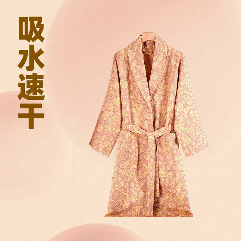 女士纯棉色织双层棉纱睡袍提花春夏浴袍宽松复古浴衣中长款汗蒸服