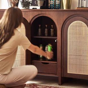 复古餐物边实木藤编柜家用储56收纳玄靠关柜中古风墙拱形茶水 法式