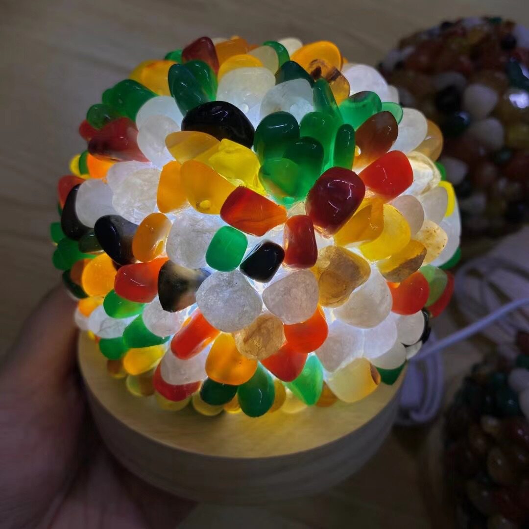 天然水晶多彩玛瑙卧室床头小夜灯碎石玛瑙球形夜灯护眼小夜灯摆件