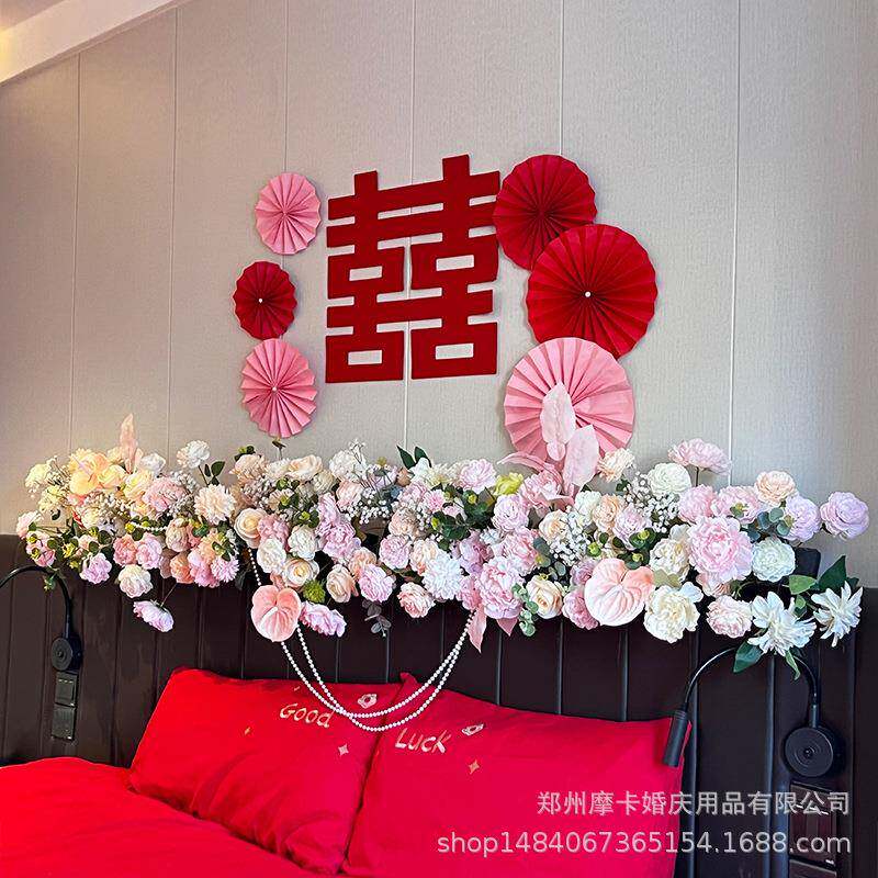 新款婚房卧0033室房间头花仿真花艺民宿客厅装庆饰婚结婚床布置用