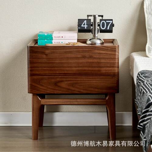 北美黑胡桃木床北头柜现卧代简约欧边室家居CTG302全实木带抽床柜