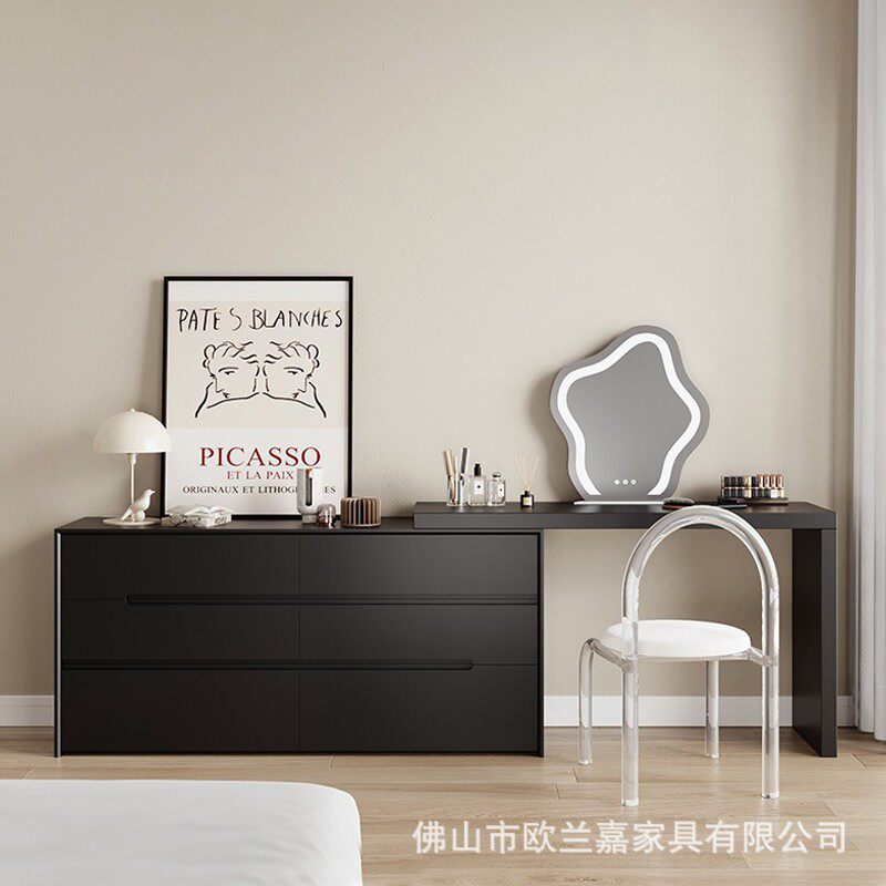 欧兰嘉卧室全实木梳妆台黑色烤漆化妆桌收纳柜主卧斗柜梳妆台一体