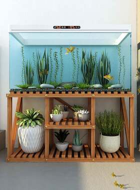 多层鱼长缸架架条水族箱阳茶几落地式多层底座承重实木花架台花盘