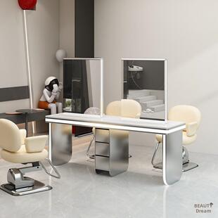 新款理发店镜台不锈钢大理石桌面美发店烫染镜台柜子一体发廊专用