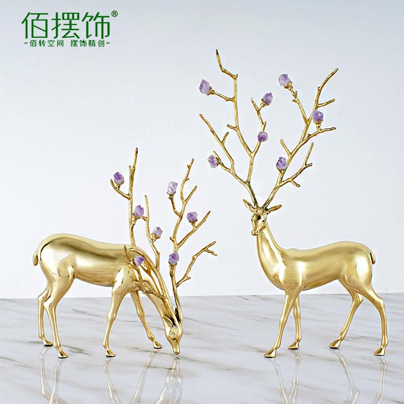 招财水晶铜鹿摆件入户玄关桌面客厅电视柜装饰品乔迁新居寓意好
