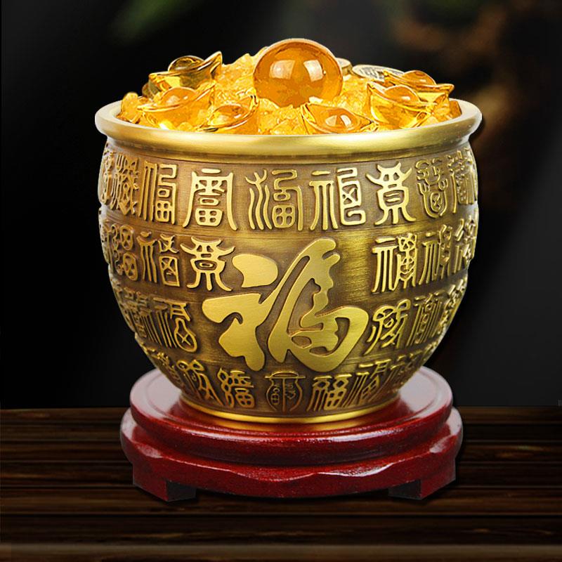 泰山福缘阁黄铜米缸摆件带盖子小福缸全铜聚宝盆办公室礼品