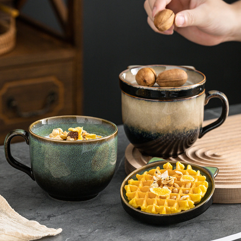 陶瓷水杯带盖日式创意办公室马克杯大容量喝水咖啡酸奶燕麦早餐杯