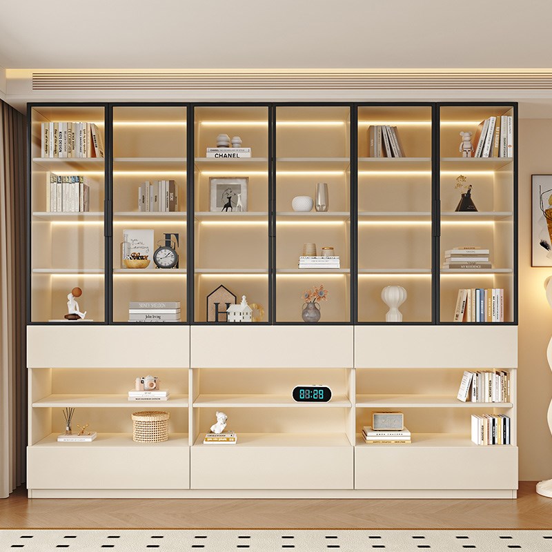 定制实木满墙书柜去客厅化一体到顶靠墙书橱奶油风书房玻璃储物柜