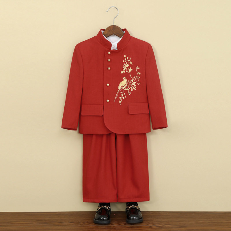 儿童汉服新中式国风立领红色刺绣中山装男童演讲主持演出周岁礼服