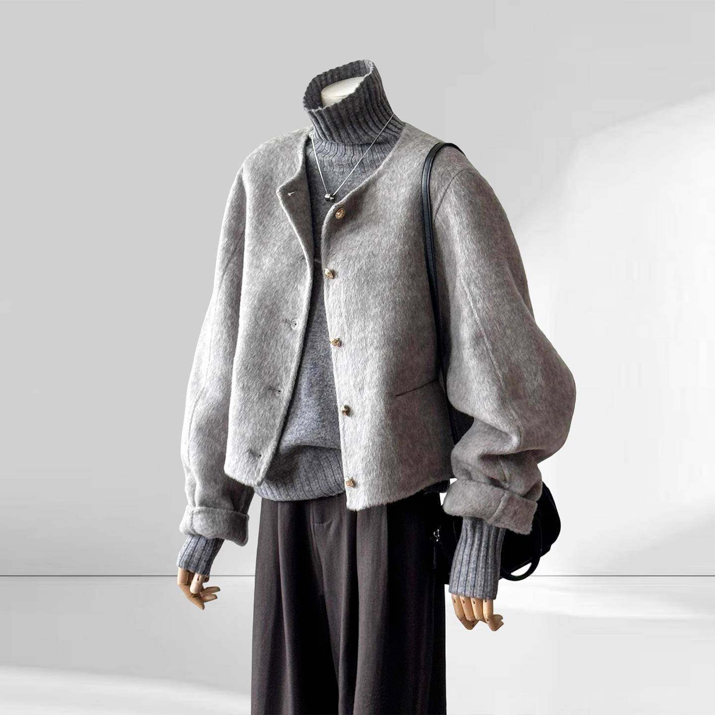 短款灰色双面羊绒毛呢子大衣外套女2025年秋冬季新款高级感小个子