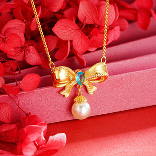 黄金在逃公主蝴蝶结项链吊坠宝石仿珍珠沙金甜美黄金小众锡金饰品
