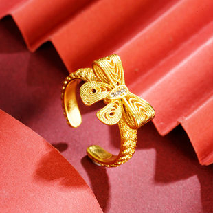 古法越南沙金清新甜美蝴蝶结戒指在逃公主同款久不掉色锡金饰品