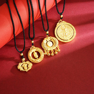 新品国风沙金锦鲤如意锁莲花旋转黑绳项链黄金久不掉色锡金饰品