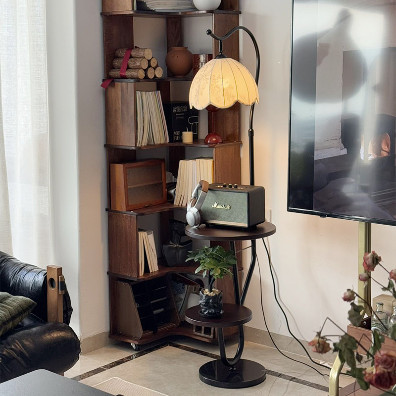 中古风置物架落地灯客厅沙发旁边几卧室法式复古床头柜台灯一体,家装灯饰光源,装饰落地灯,淘宝优惠券,粉丝福利购,淘宝优惠卷