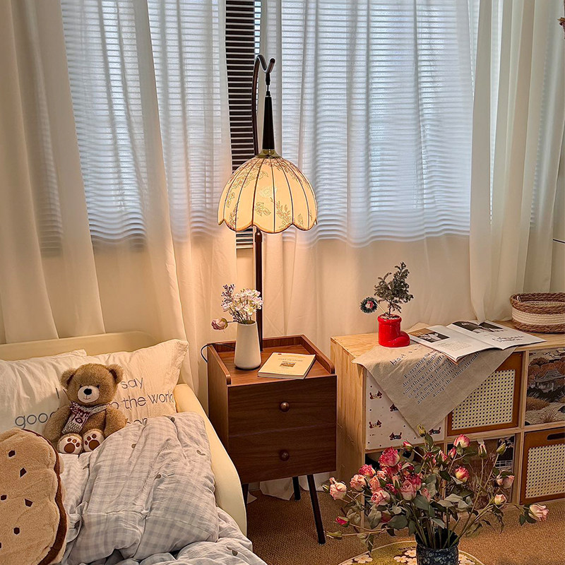 复古中古风置物架实木落地灯卧室沙发边几客厅茶几床头柜台灯一体