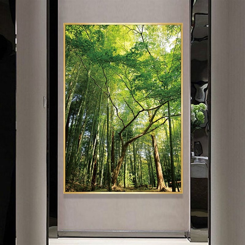 绿色参天大树装饰画竹子森林风景挂画长方形竖版壁画家庭玄关网红图片