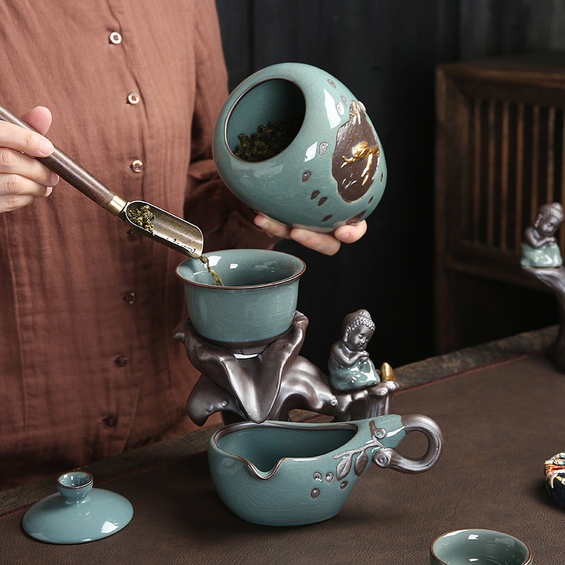 不烫手功夫茶具套装家用哥窑茶滤懒人半自动旋转出水茶壶泡茶神器