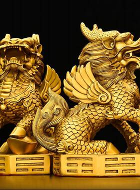 铜麒麟摆件一对纯黄铜踩八卦麒麟家居办公室商铺客厅公司饰工艺礼