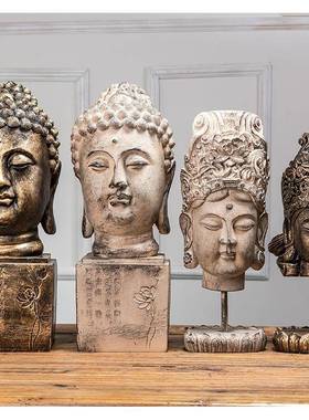 创意新中式禅意佛头摆件泰式玄关电视柜办公室SPA会所刺青装饰品