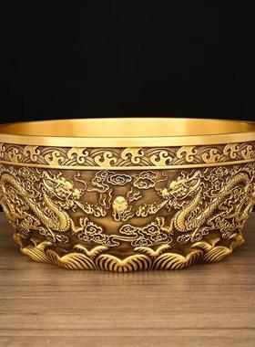 黄铜双龙聚宝盆摆件沈万三实心加厚招聚家用客厅办公室装饰品