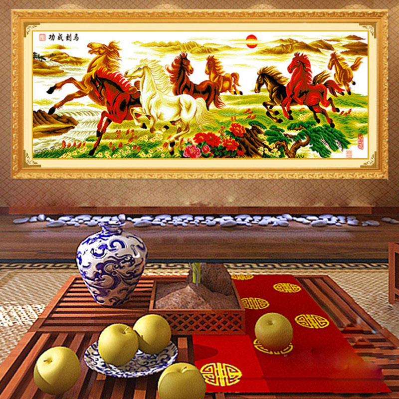 已装裱完带框架十字绣成品纯手工绣好的马到成功八骏图送礼客厅画