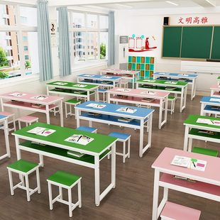 双人座抽屉长条书桌 学校辅导班培训机构课桌椅中小学生补习班套装