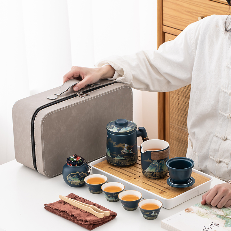 千里江山旅行茶具套装便捷包家用户外旅游简约功夫茶杯泡茶壶茶盘
