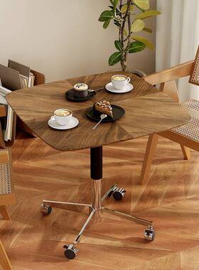 带新款胡桃木实RYW木中风古台轮子可移动可升降小圆桌子沙发边几