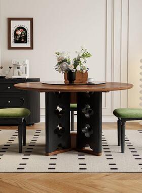 中古风LHU木圆约形餐桌法式复古简家桌用饭带转盘白蜡木餐桌实椅